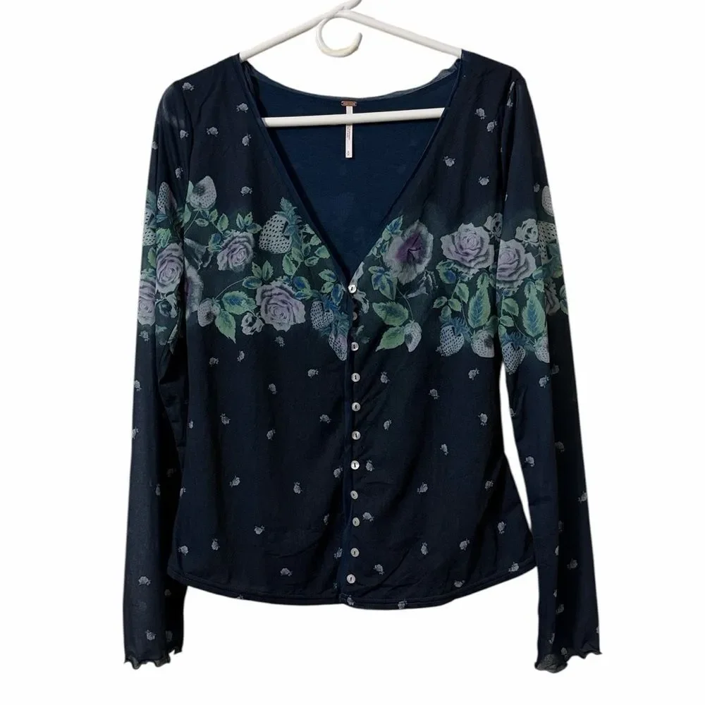Free people Blue Floral Print Button Down Sheer/Mesh(Size Small)